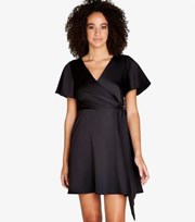 Apricot Black Satin Mini Wrap Dress